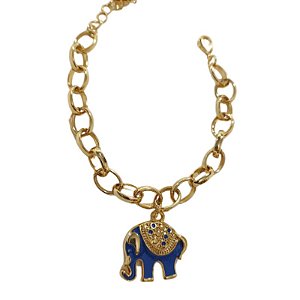 Pulseira Correntaria com pingente de elefante resina azul folheado em ouro