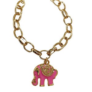 Pulseira Correntaria com pingente de elefante resina rosa folheado em ouro