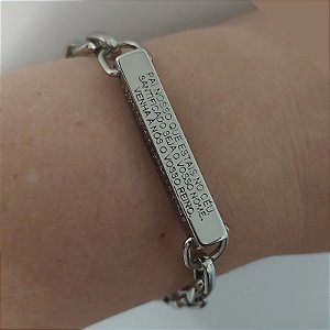 Pulseira Correntaria com placa oração do Pai Nosso Folheado em ródio
