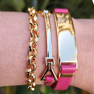 Mix Pulseiras douradas (courino Rosa) Barbie Core folheada em ouro( Escolha tamanho de seu pulso)