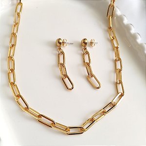 Conjunto colar correntaria 36 cm + brincos correntaria Folheado em ouro ( italia)