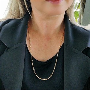 Colar correntaria Longuinho com elos com bolinhas folheado em ouro 60 cm
