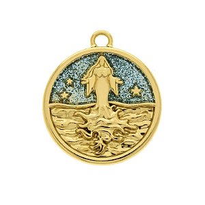 Pingente de Iemanjá resina gliter azul celeste ( orixás) folheado a ouro