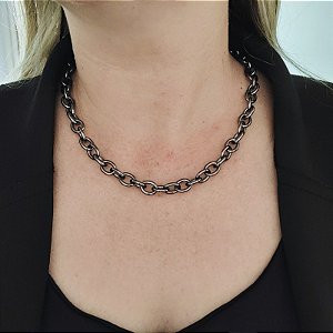Colar Correntaria elo portugues folheado no ródio Negro