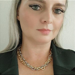 Colar Correntaria duplo elos redondos com dois banhos dourado e prateado folheado