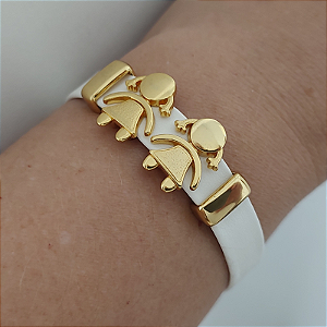 Pulseira Filhos Courino BRANCO com 2 meninas acabamento folheado em ouro