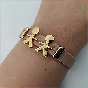 Pulseira Filhos Courino BEGE com 2 meninos acabamento folheado em ouro