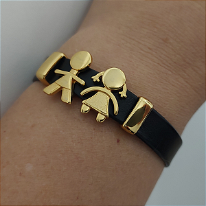 Pulseira Filhos Courino PRETO com Casal Filhos ( menino e menina) acabamento folheado em ouro