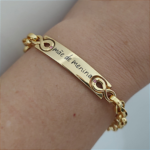 Pulseira Correntaria MÃE DE MENINA gravada com strass rosa folheado em Ouro