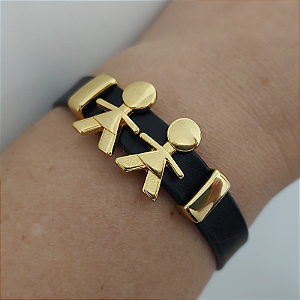 Pulseira Filhos Courino PRETO com 2 meninos acabamento folheado em ouro