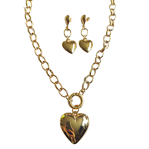 Conjunto de Colar e  Brincos com coração Princess folheado em ouro