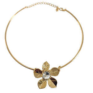 Colar aro fixo com pingente de Flor com detalhe de strass folheado em ouro