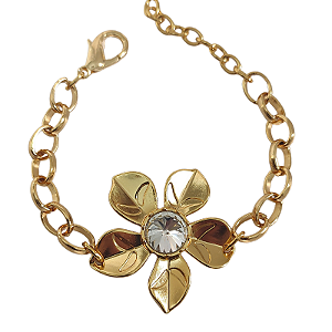 Pulseira correntaria com detalhe de flor com strass folheado em Ouro