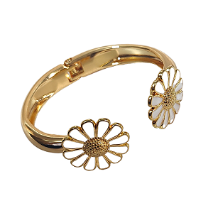 Bracelete articulado com margarida resina branca e amarela folheado em ouro