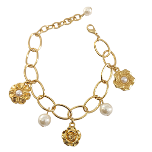 Pulseira correntaria com detalhe de flores e pérolas folheado em Ouro
