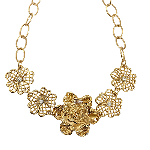Colar correntaria com pingentes flores Maxi e strass folheado em ouro