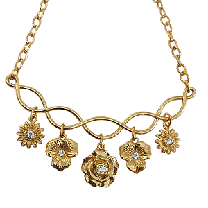 Colar aro tramado com flores e strass folheado em ouro
