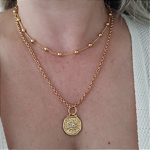 Conjunto Choker Correntaria com mini bolinhas + colar olho grego  folheado em ouro