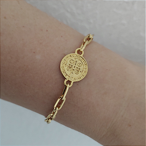 Pulseira Correntaria com Moeda de São Bento pequena folheado em ouro ( P, M ou G)