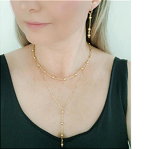 Conjunto colares e brincos esferas folheado em ouro