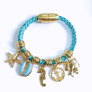 Pulseira Dourada Berloqueira com pingentes marítimos (courino Azul Tiffany) folheado em ouro