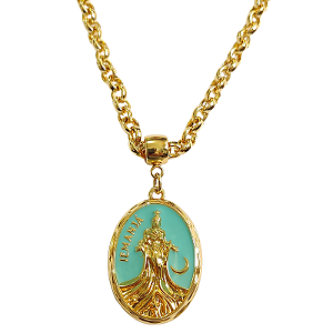 Colar correntaria íris com pingente de Iemanjá resina azul grande folheado em ouro