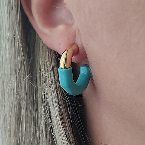 Brinco de Argola com resina Azul Tiffany folheado em ouro