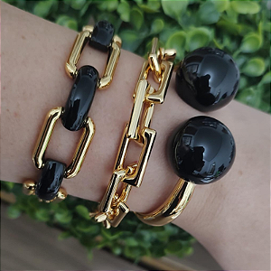 Mix de pulseiras bolas resinadas preta e pulseira maxi italia folheado em ouro  (serve até pulso 17 cm)