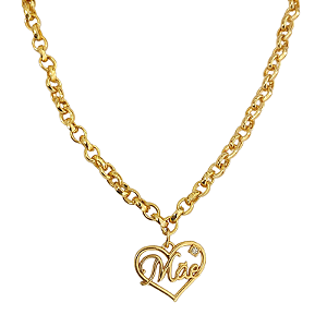 Colar Correntaria com pingente de coração vazado escrito mãe folheado em ouro ( 40 cm)