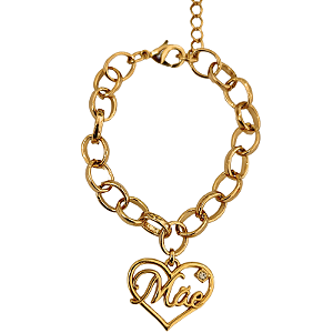 Pulseira Correntaria com pingente de coração vazado escrito mãe folheado em ouro  ( P, M ou G)