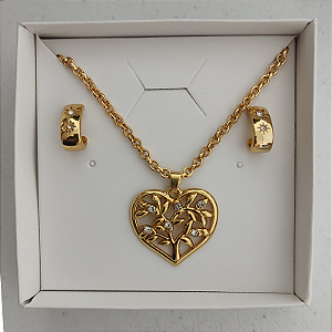 KIT ÁRVORE DA VIDA - Colar correntaria 45 cm pingente árvore da vida coração strasss + Brincos  strass folheado em ouro