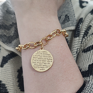 Pulseira Correntaria  G com pingente Oração Ave Maria e imagem Nossa senhora folheado em ouro