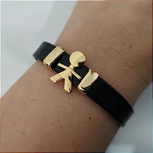 Pulseira Filhos Courino PRETO (1 menino) acabamento folheado em ouro ( 1 filho)