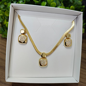 Conjunto colar fita com pingente quadrado zirconia e brincos zircônia Folheado em ouro