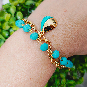 Pulseira correntaria dupla com cristais e pingente gota azul Tiffany Folheado em ouro