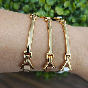 KIT de Pulseiras placa lisa fina ( COURO BEGE, BRANCA E MARROM) Folheado em ouro