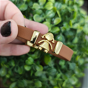 Pulseira Filhos Couro MARROM (com 1 menina) acabamento folheado em ouro