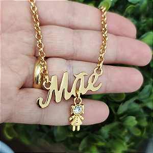 Colar correntaria  MÃE DE MENINA folheado em ouro 45 cm ( 1 menina)