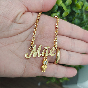 Colar correntaria  MÃE DE MENINO folheado em ouro 45 cm ( 1 menino)