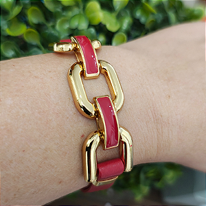 Pulseira Dourada Lily com placa resina e couro vermelho folheado em ouro (EDIÇÃO LIMITADA)