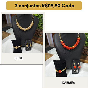 2 Conjuntos de colares + pulseira + brincos ( bege e Carmim) folheado em ouro