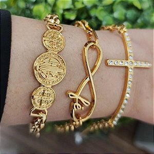 Mix de Pulseiras correntarias Religiosidade ( são bento, fé e cruz com strass) - folheado( P, M ou G)