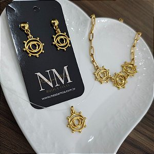 KIT OLHO GREGO: pulseira + brincos+ Colar invisível folheado em ouro