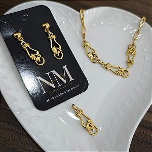 KIT FIGA: pulseira + brincos+ Colar invisível folheado em ouro