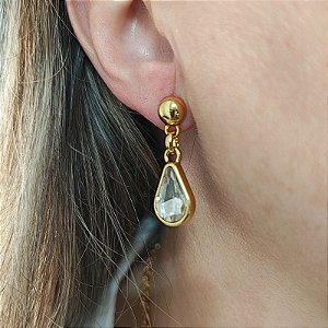 Brinco de pino com pingente de gota cristal ( pétala de trevo) folheado em ouro