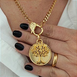 Colar correntaria grumed abertura frontal - fecho detalge organico e pingente árvore da vida Folheado em  ouro ( 45 cm)