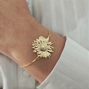 Pulseira correntaria veneziana com pingente girassol folheado em ouro