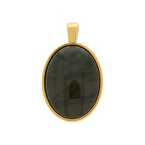 Pingente oval grande resina verde escuro folheado em ouro