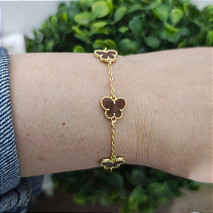 Pulseira Correntaria Delicada com 3 Borboletas em Resina Marrom Folheada em Ouro