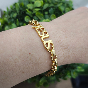 Pulseira Correntaria Elo Português (Íris) com Placa Jesus Folheada em Ouro